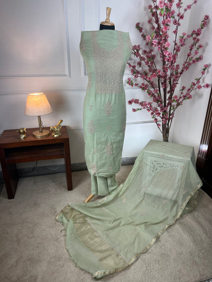 Top Pure mul fabric with contrast thread handwork Bottom Pure crape 225 m approx Dupatta Pure mul with thread handwork and golden border
