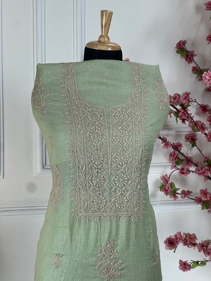 Top Pure mul fabric with contrast thread handwork Bottom Pure crape 225 m approx Dupatta Pure mul with thread handwork and golden border