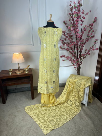 Top Pure jorgette thread work Laknavi highlighted with gota patti sequins and soft jari work on sleeves Bottom Pure premium silk santoon Dupatta Pure chiffon with same heavy Laknavi work