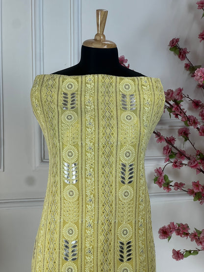 Top Pure jorgette thread work Laknavi highlighted with gota patti sequins and soft jari work on sleeves Bottom Pure premium silk santoon Dupatta Pure chiffon with same heavy Laknavi work