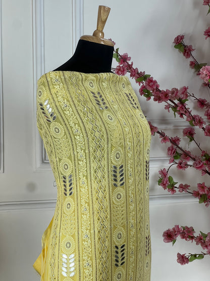 Top Pure jorgette thread work Laknavi highlighted with gota patti sequins and soft jari work on sleeves Bottom Pure premium silk santoon Dupatta Pure chiffon with same heavy Laknavi work