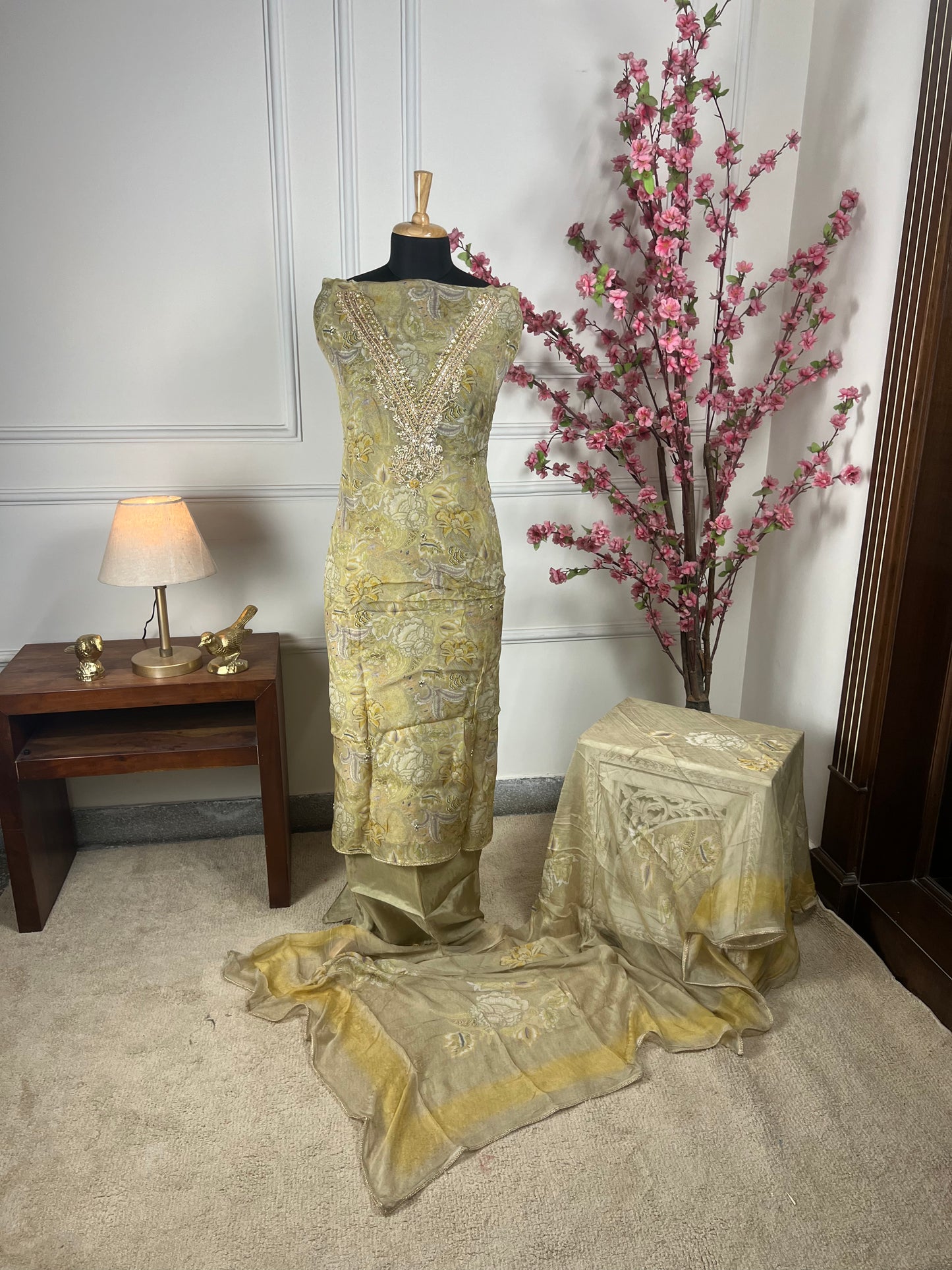 Top Pure premium organja with Vshape neck dori pearls dabka gota and thread handwork Bottom Pure premium upada silk Dupatta Pure chiffon printed with premium lace on four sides