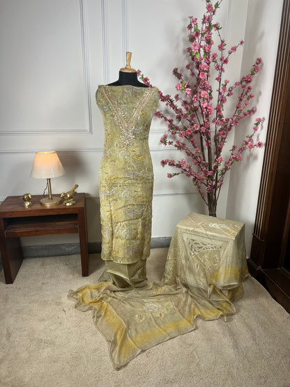 Top Pure premium organja with Vshape neck dori pearls dabka gota and thread handwork Bottom Pure premium upada silk Dupatta Pure chiffon printed with premium lace on four sides