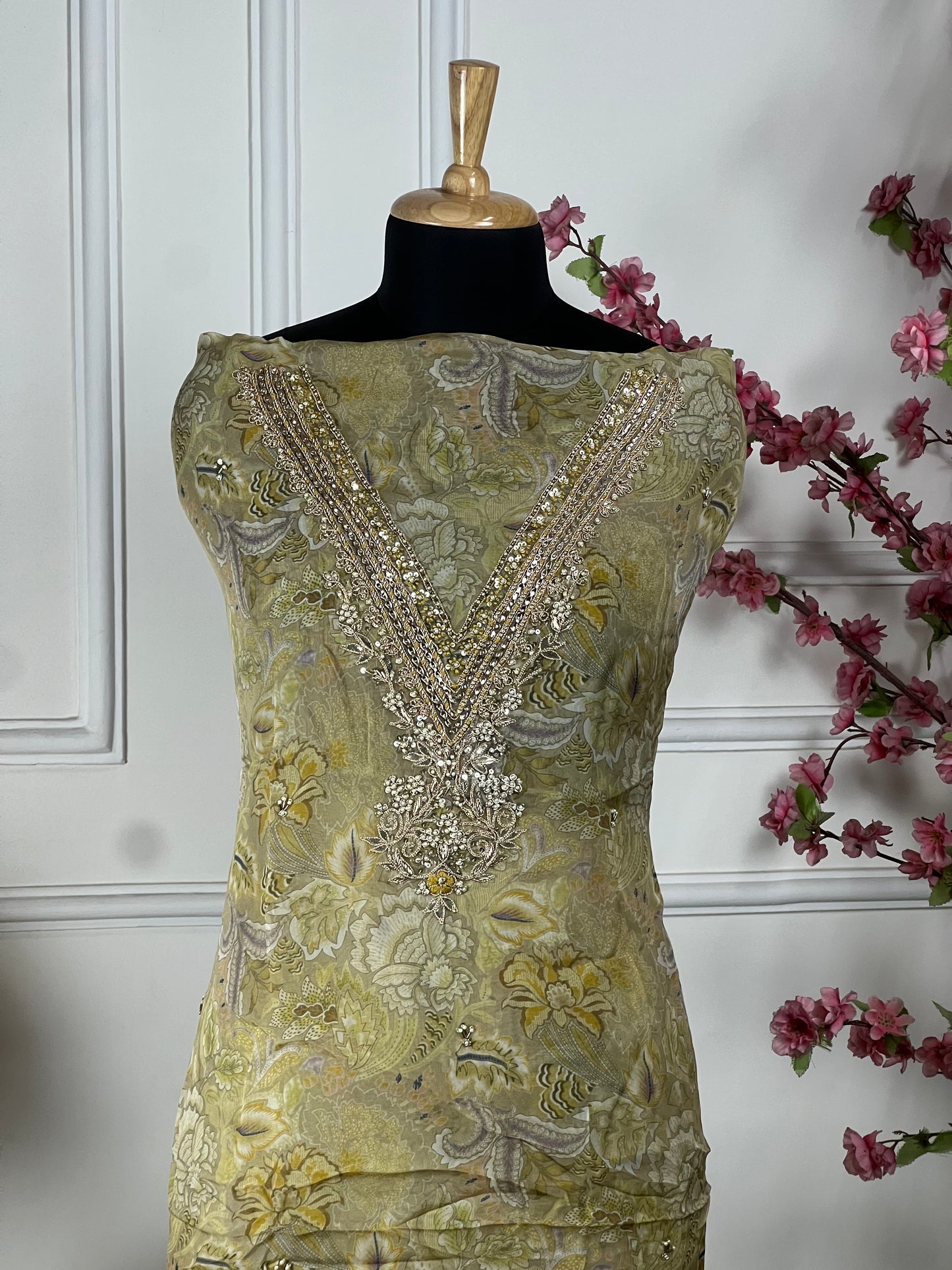 Top Pure premium organja with Vshape neck dori pearls dabka gota and thread handwork Bottom Pure premium upada silk Dupatta Pure chiffon printed with premium lace on four sides