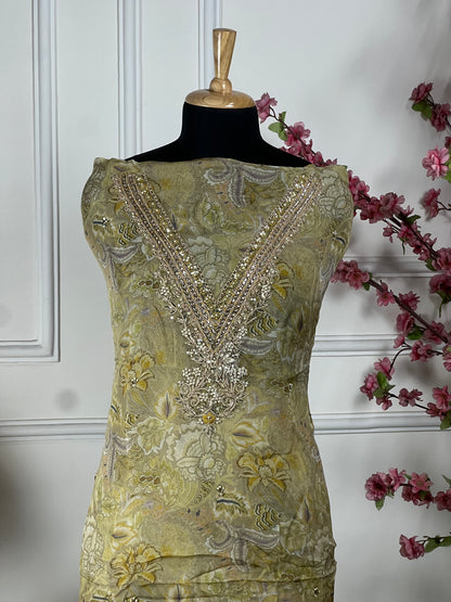Top Pure premium organja with Vshape neck dori pearls dabka gota and thread handwork Bottom Pure premium upada silk Dupatta Pure chiffon printed with premium lace on four sides