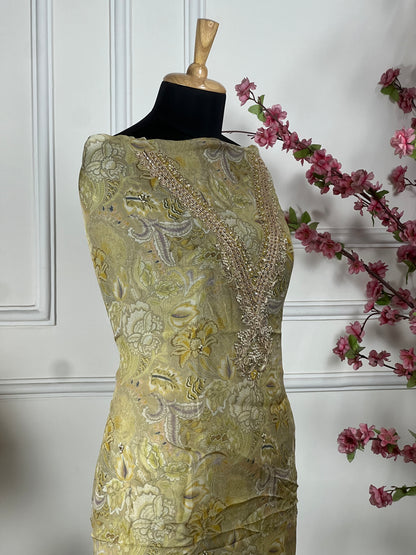 Top Pure premium organja with Vshape neck dori pearls dabka gota and thread handwork Bottom Pure premium upada silk Dupatta Pure chiffon printed with premium lace on four sides