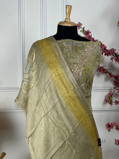Top Pure premium organja with Vshape neck dori pearls dabka gota and thread handwork Bottom Pure premium upada silk Dupatta Pure chiffon printed with premium lace on four sides