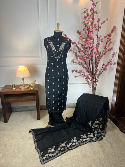 Top Pure crape with Vshape neck thread pearls sequins dabka work and buti on front Bottom Pure soft opada Dupatta Pure chinon four side thread work and one side heavy work on dupatta
