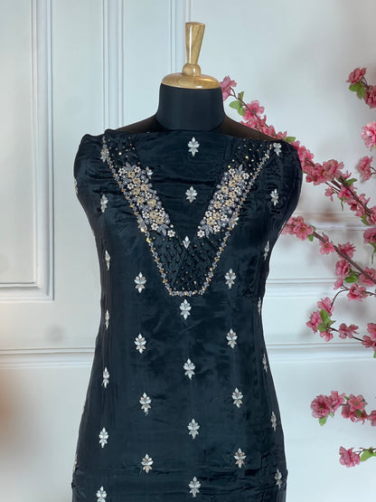 Top Pure crape with Vshape neck thread pearls sequins dabka work and buti on front Bottom Pure soft opada Dupatta Pure chinon four side thread work and one side heavy work on dupatta