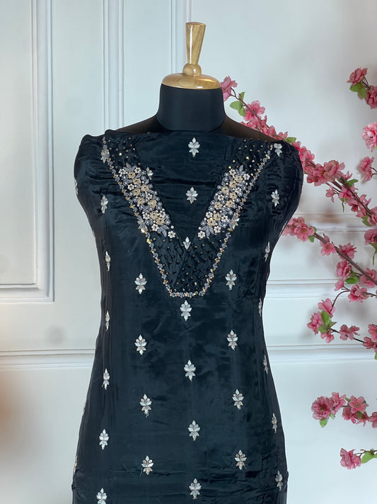 Top Pure crape with Vshape neck thread pearls sequins dabka work and buti on front Bottom Pure soft opada Dupatta Pure chinon four side thread work and one side heavy work on dupatta