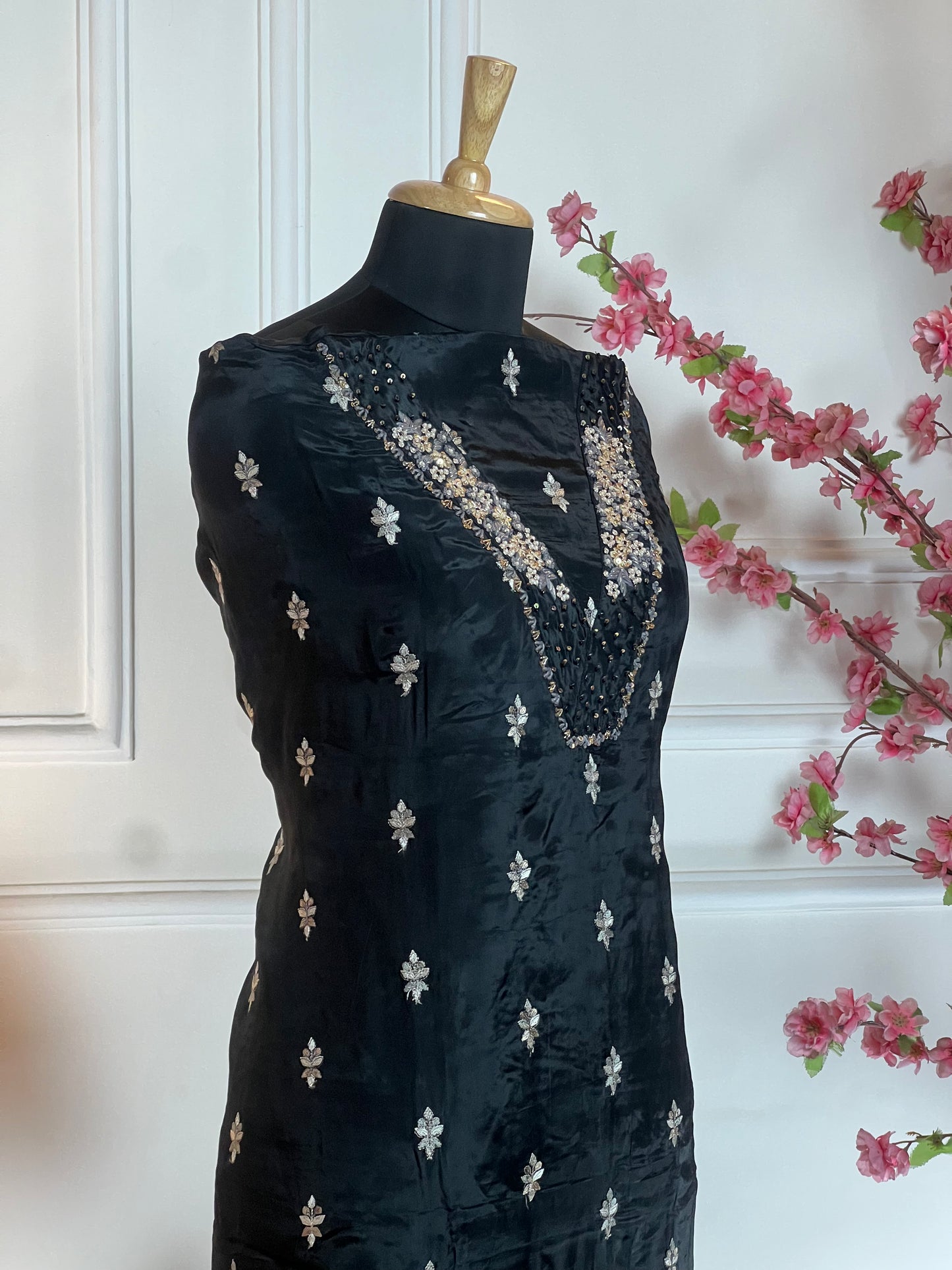 Top Pure crape with Vshape neck thread pearls sequins dabka work and buti on front Bottom Pure soft opada Dupatta Pure chinon four side thread work and one side heavy work on dupatta