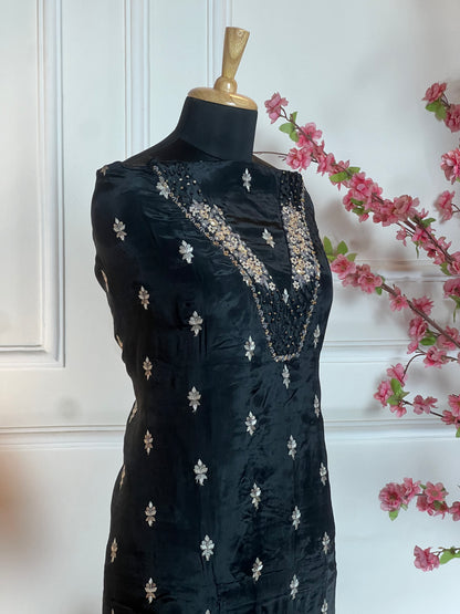 Top Pure crape with Vshape neck thread pearls sequins dabka work and buti on front Bottom Pure soft opada Dupatta Pure chinon four side thread work and one side heavy work on dupatta
