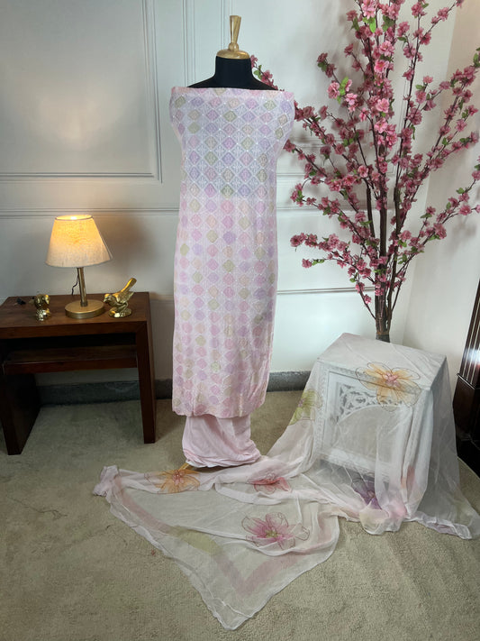 Top Pure organja with thread work and hand touching Bottom Pure muslin Dupatta Pure chiffon hand painting