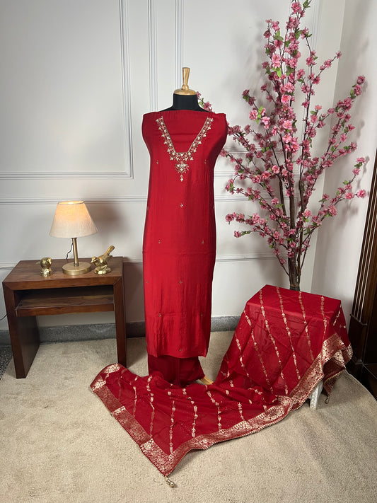 Top Pure modal satin silk with nalki moti gotapatti sequins handwork Bottom Same colour pure modal satin Dupatta Pure organja Banarasi weaving dupatta