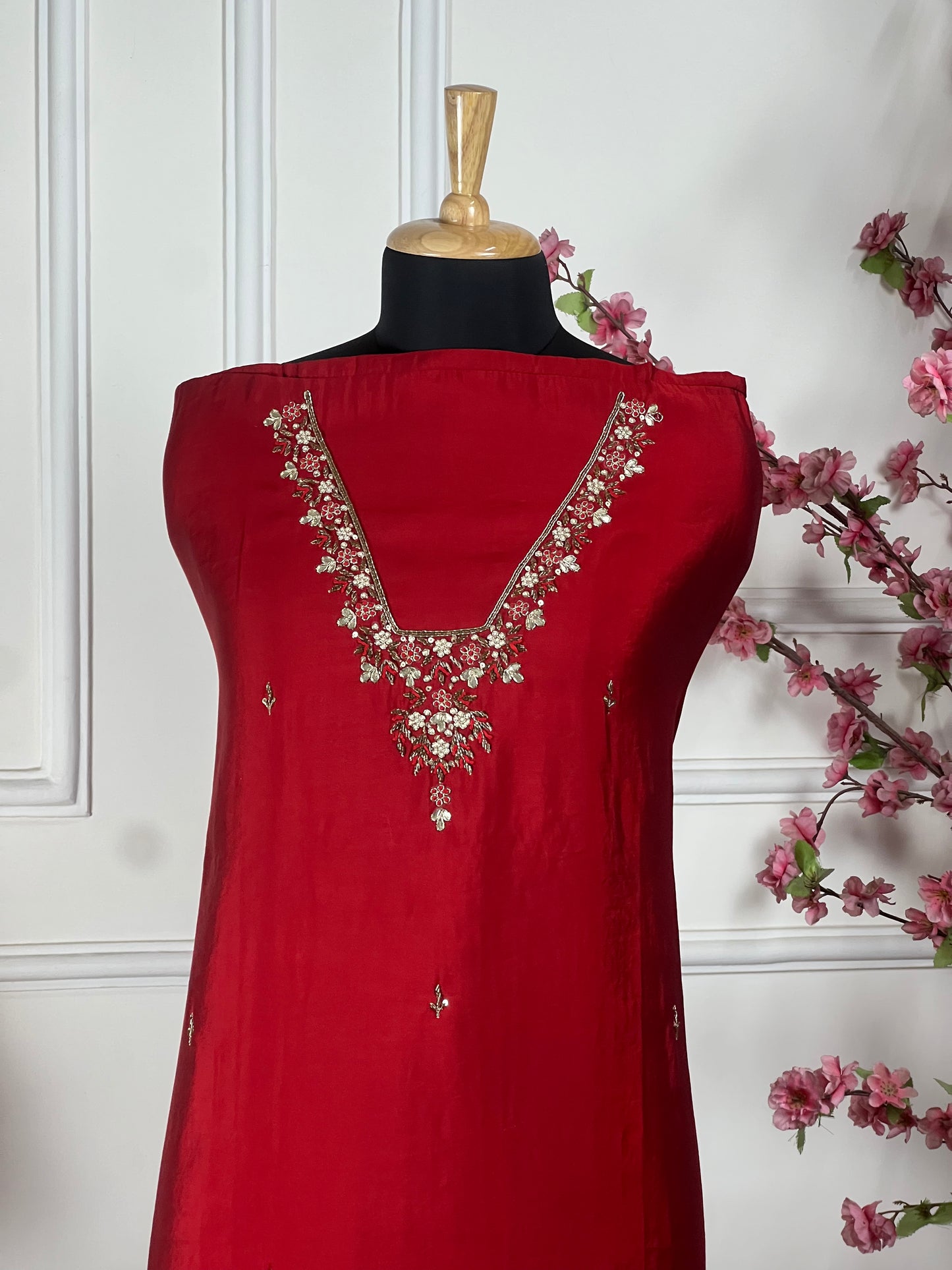 Top Pure modal satin silk with nalki moti gotapatti sequins handwork Bottom Same colour pure modal satin Dupatta Pure organja Banarasi weaving dupatta