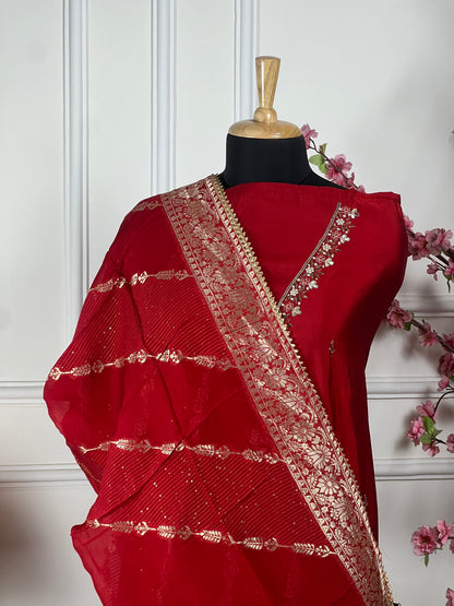 Top Pure modal satin silk with nalki moti gotapatti sequins handwork Bottom Same colour pure modal satin Dupatta Pure organja Banarasi weaving dupatta