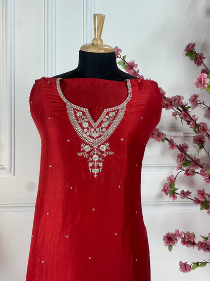 Top Muslin silk with pearl thread and soft jeri work designer pattern Bottom Pure silk santoon Dupatta Pure chinon Banarasi weaving