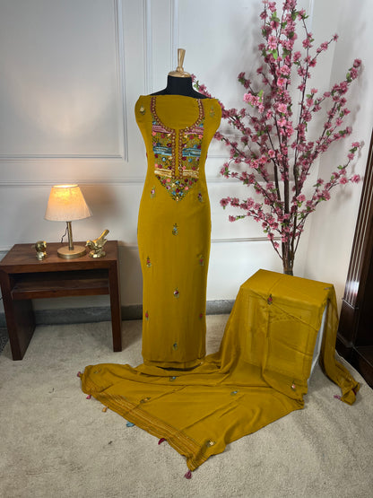 Top Pure jorgette thread and sequins hand work on neck and front Bottom Pure heavy santoon silk Dupatta Pure jorgette thread work and tassels