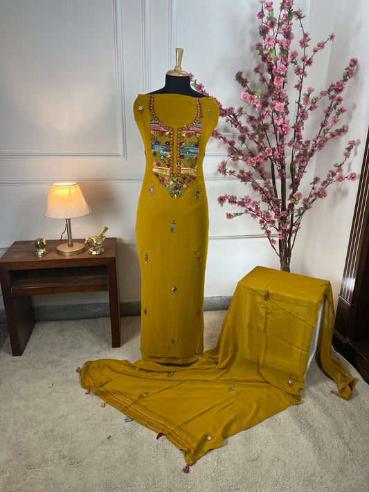 Top Pure jorgette thread and sequins hand work on neck and front Bottom Pure heavy santoon silk Dupatta Pure jorgette thread work and tassels