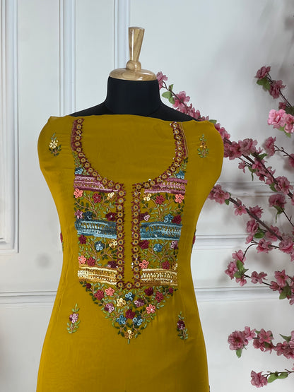 Top Pure jorgette thread and sequins hand work on neck and front Bottom Pure heavy santoon silk Dupatta Pure jorgette thread work and tassels