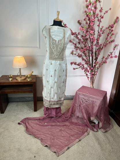 Top Pure Habutai silk with elegant neck dori work Bottom Pure silk santoon Dupatta Pure chiffon dori work border four side