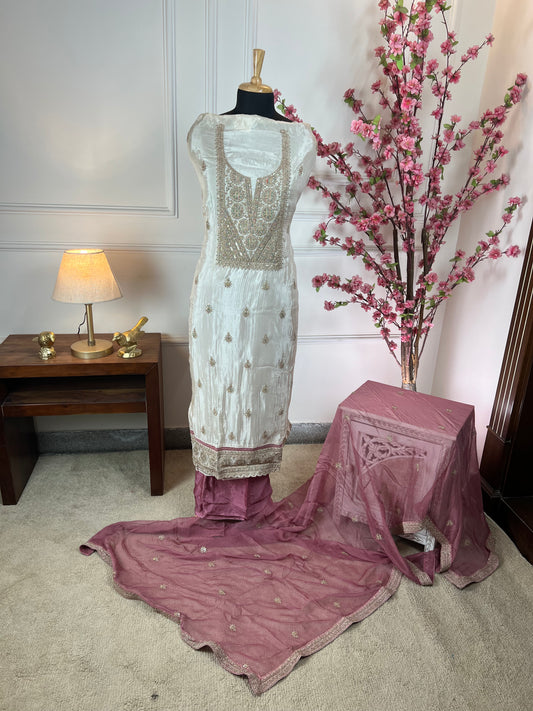 Top Pure Habutai silk with elegant neck dori work Bottom Pure silk santoon Dupatta Pure chiffon dori work border four side