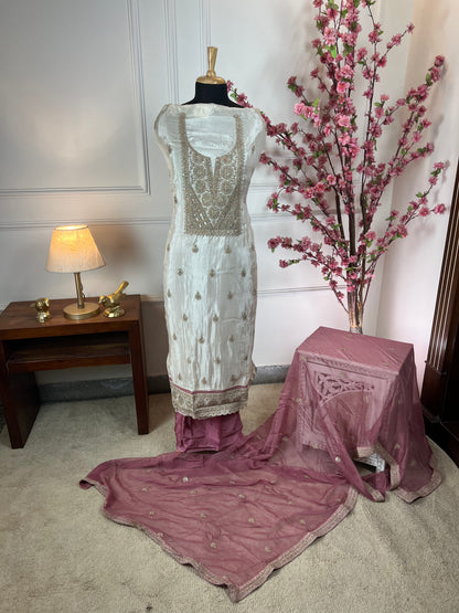 Top Pure Habutai silk with elegant neck dori work Bottom Pure silk santoon Dupatta Pure chiffon dori work border four side