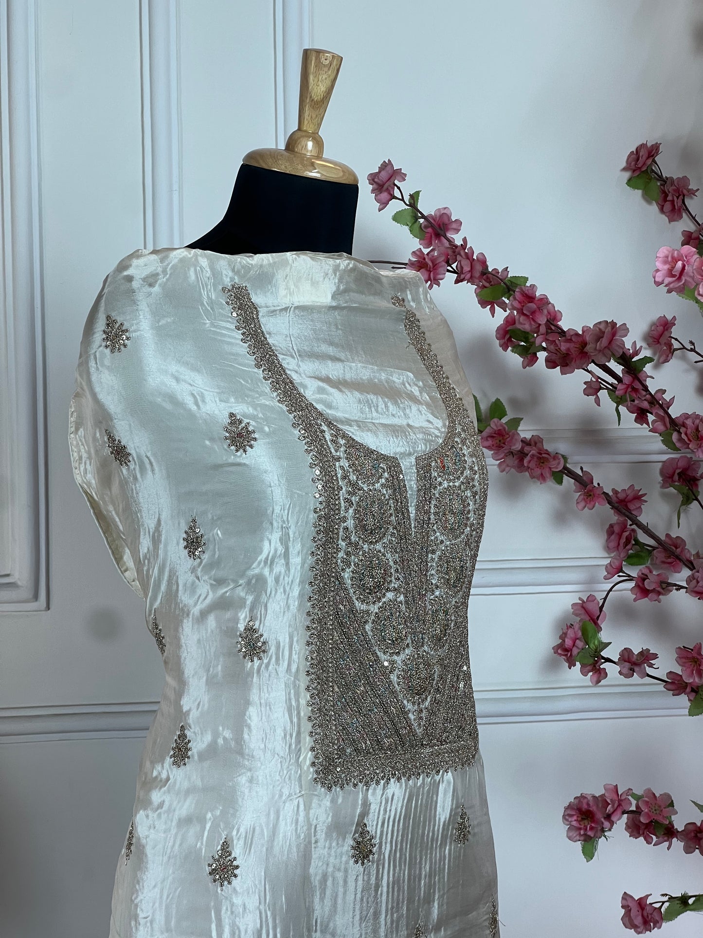 Top Pure Habutai silk with elegant neck dori work Bottom Pure silk santoon Dupatta Pure chiffon dori work border four side