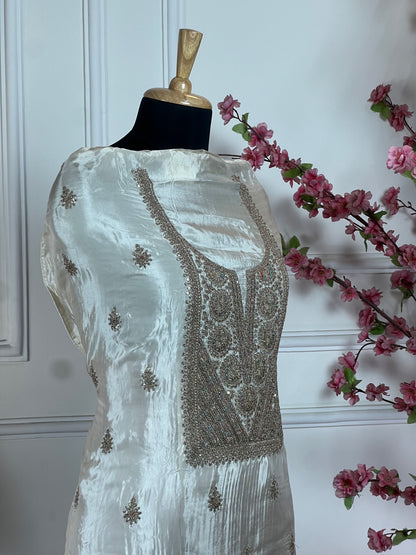Top Pure Habutai silk with elegant neck dori work Bottom Pure silk santoon Dupatta Pure chiffon dori work border four side