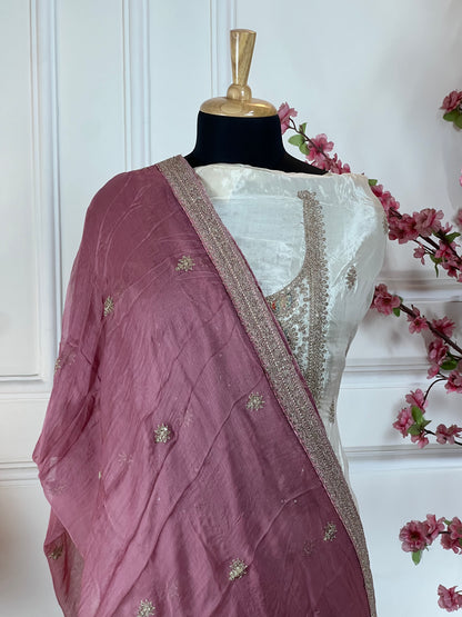 Top Pure Habutai silk with elegant neck dori work Bottom Pure silk santoon Dupatta Pure chiffon dori work border four side