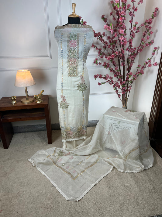Top Pure organja silk designer print and highlight on print with chain stitch highlights Bottom Pure muslin Dupatta Pure organja same print and work on dupatta