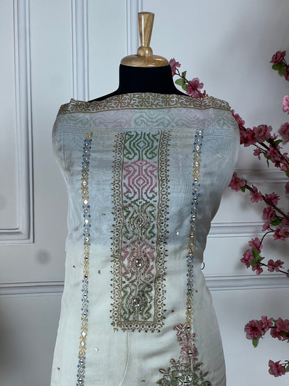 Top Pure organja silk designer print and highlight on print with chain stitch highlights Bottom Pure muslin Dupatta Pure organja same print and work on dupatta