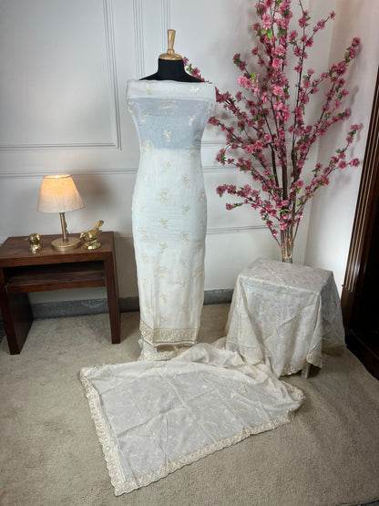Top Pure organja silk with thread work and sequins for highlight Bottom Pure soft opada Dupatta Pure organja silk four side work border and jaal work