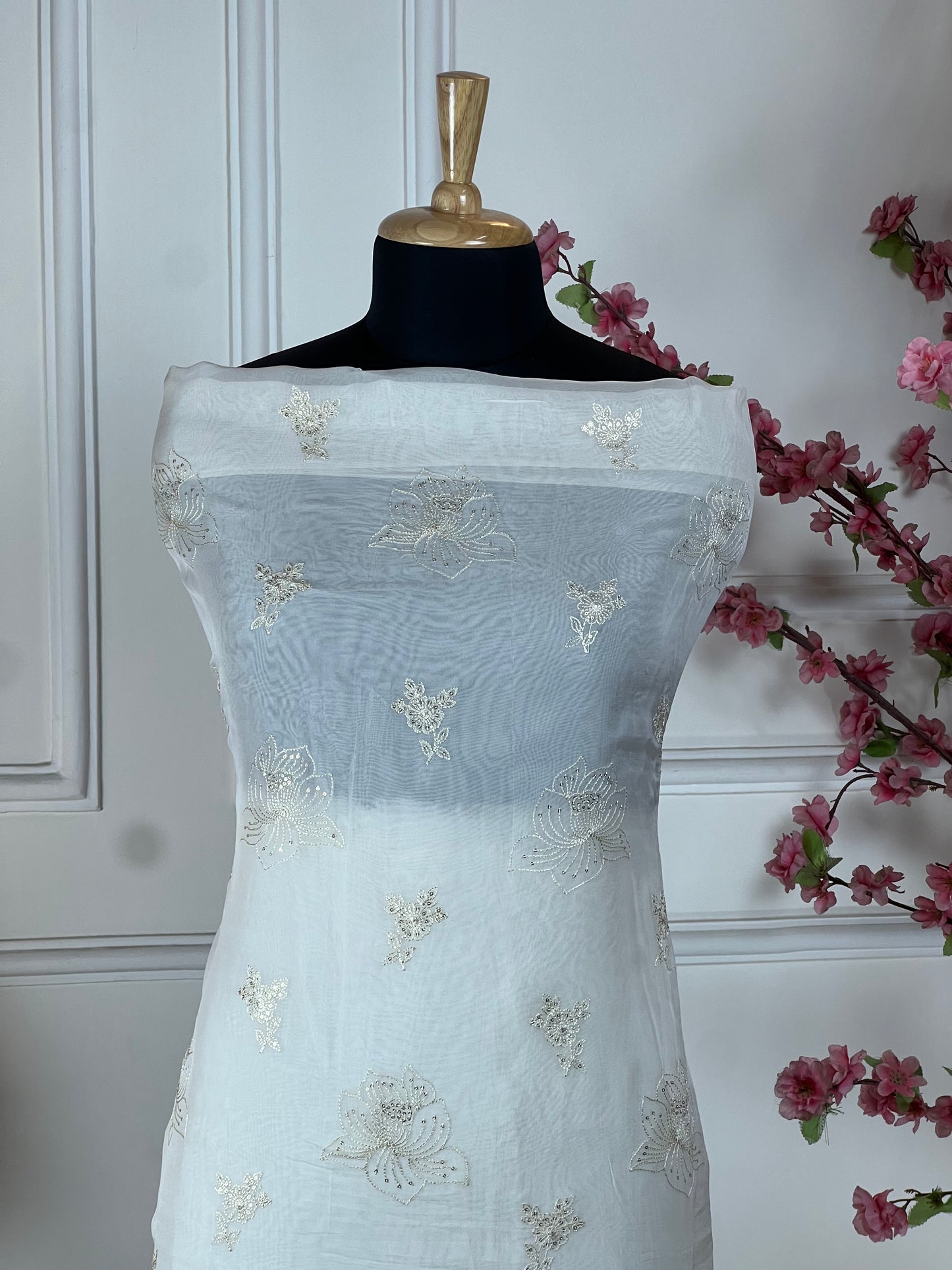 Top Pure organja silk with thread work and sequins for highlight Bottom Pure soft opada Dupatta Pure organja silk four side work border and jaal work