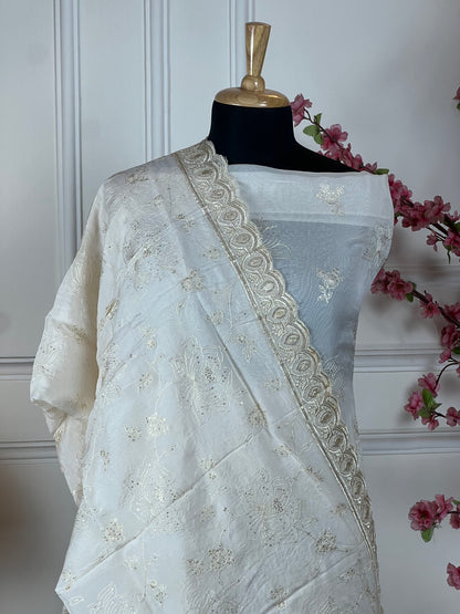 Top Pure organja silk with thread work and sequins for highlight Bottom Pure soft opada Dupatta Pure organja silk four side work border and jaal work