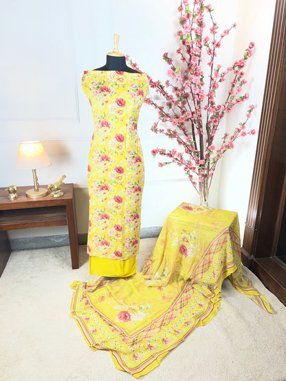 Top Pure jorgette print and thread jaal work on full shirt Bottom Pure crape Dupatta Pure jorgette printed premium quality