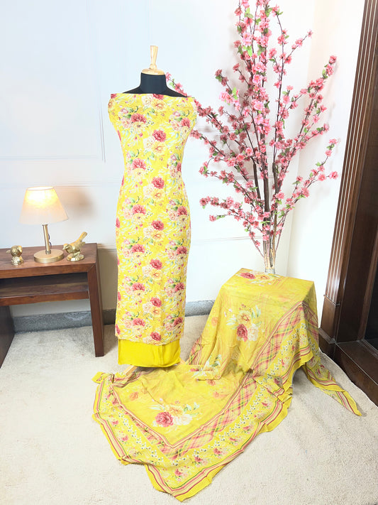 Top Pure jorgette print and thread jaal work on full shirt Bottom Pure crape Dupatta Pure jorgette printed premium quality