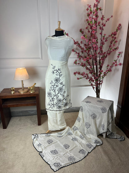 Top Pure chinon with elegant thread work and sequin work on front Bottom Pure muslin Dupatta Pure chinon boota work and cut work four side