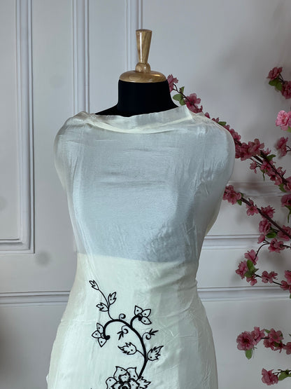 Top Pure chinon with elegant thread work and sequin work on front Bottom Pure muslin Dupatta Pure chinon boota work and cut work four side
