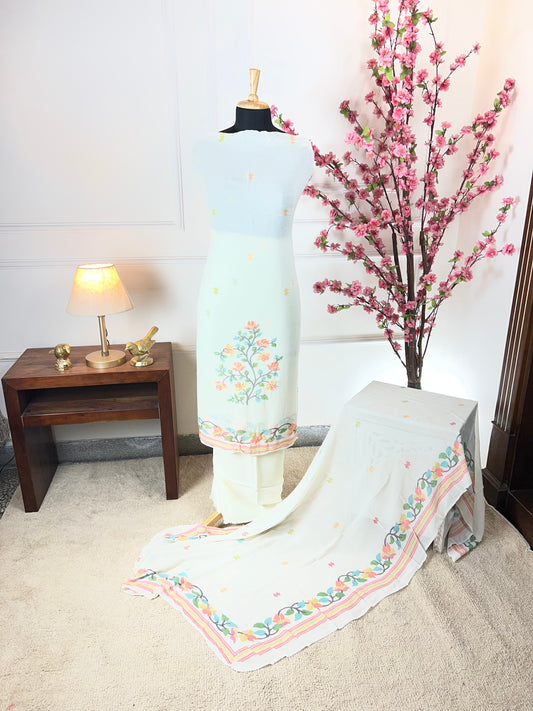 Top Pure jorgette designer print with kantha work and sequins Bottom Pure muslin Dupatta Pure jorgette four side print and boota work