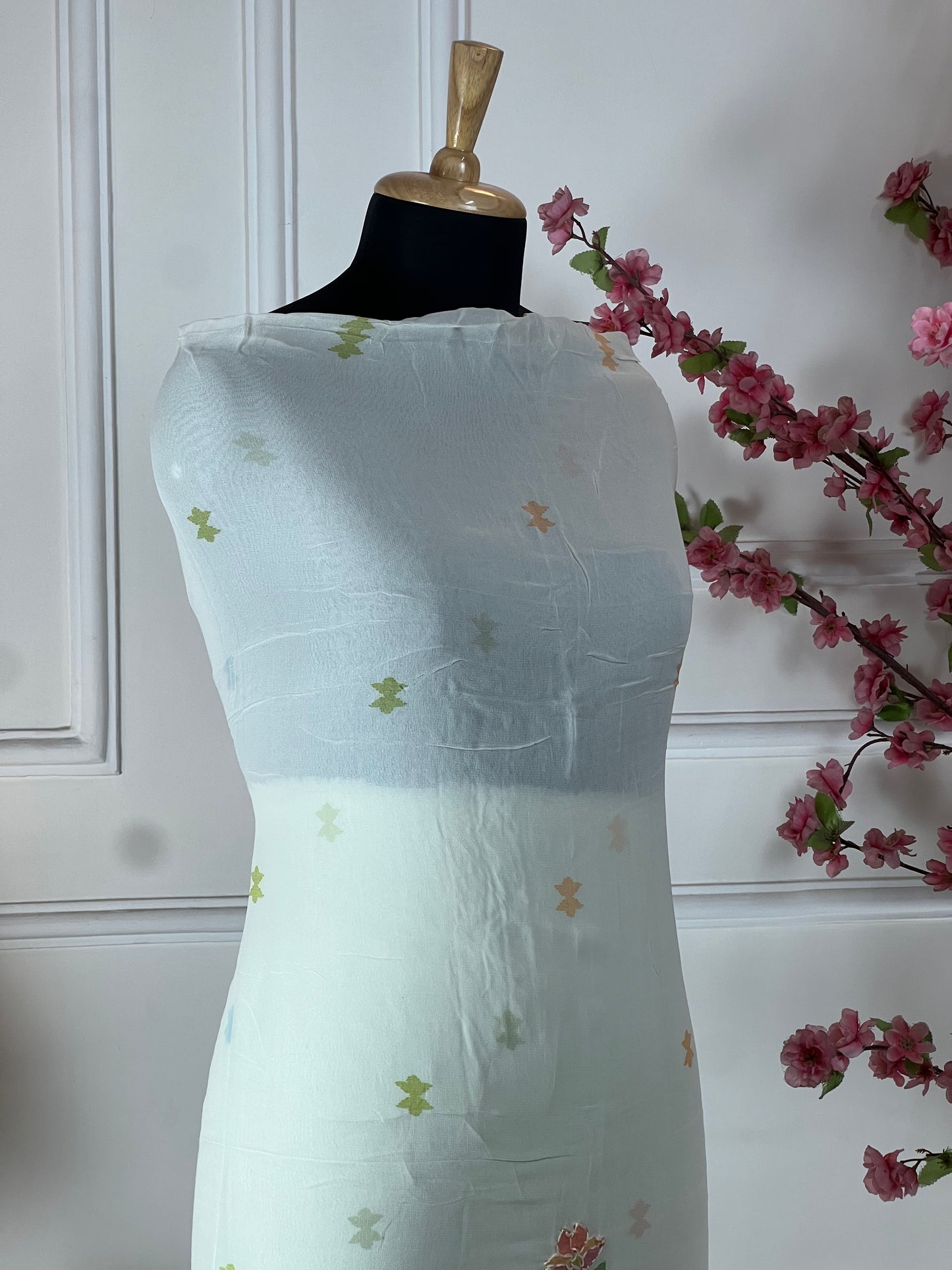 Top Pure jorgette designer print with kantha work and sequins Bottom Pure muslin Dupatta Pure jorgette four side print and boota work