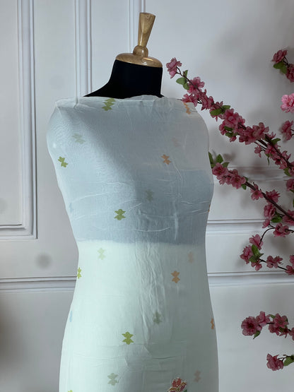 Top Pure jorgette designer print with kantha work and sequins Bottom Pure muslin Dupatta Pure jorgette four side print and boota work