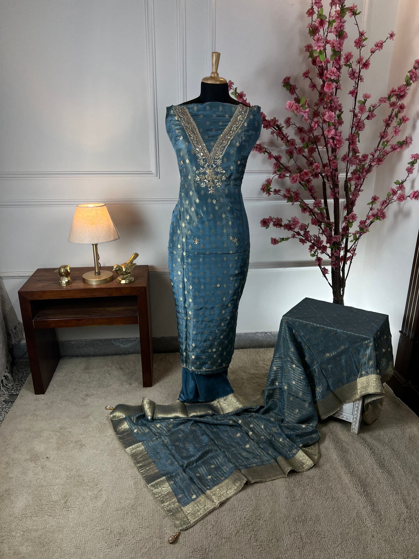 Top Pure soft shimmer silk brocket buti and Vneck dori sequins knot work and dabka handwork Bottom Super soft opada silk Dupatta Brocket buti and border shimmer silk soft