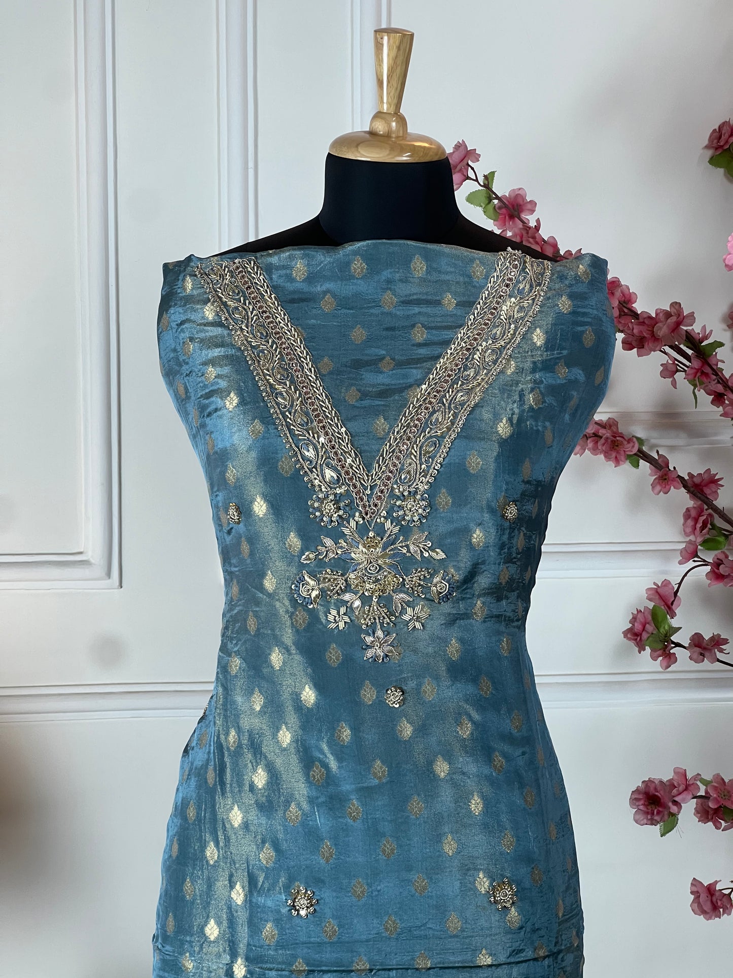 Top Pure soft shimmer silk brocket buti and Vneck dori sequins knot work and dabka handwork Bottom Super soft opada silk Dupatta Brocket buti and border shimmer silk soft