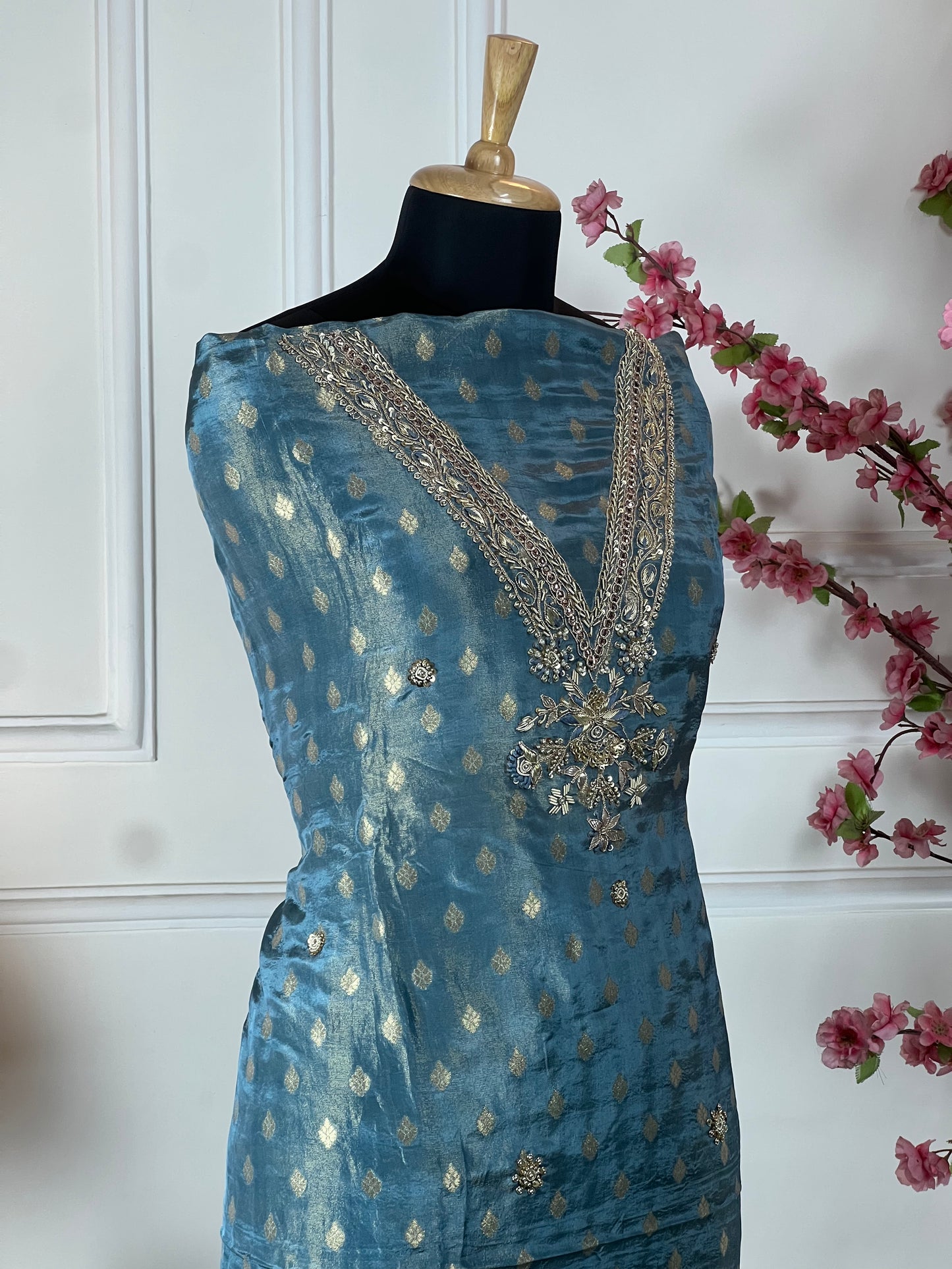Top Pure soft shimmer silk brocket buti and Vneck dori sequins knot work and dabka handwork Bottom Super soft opada silk Dupatta Brocket buti and border shimmer silk soft