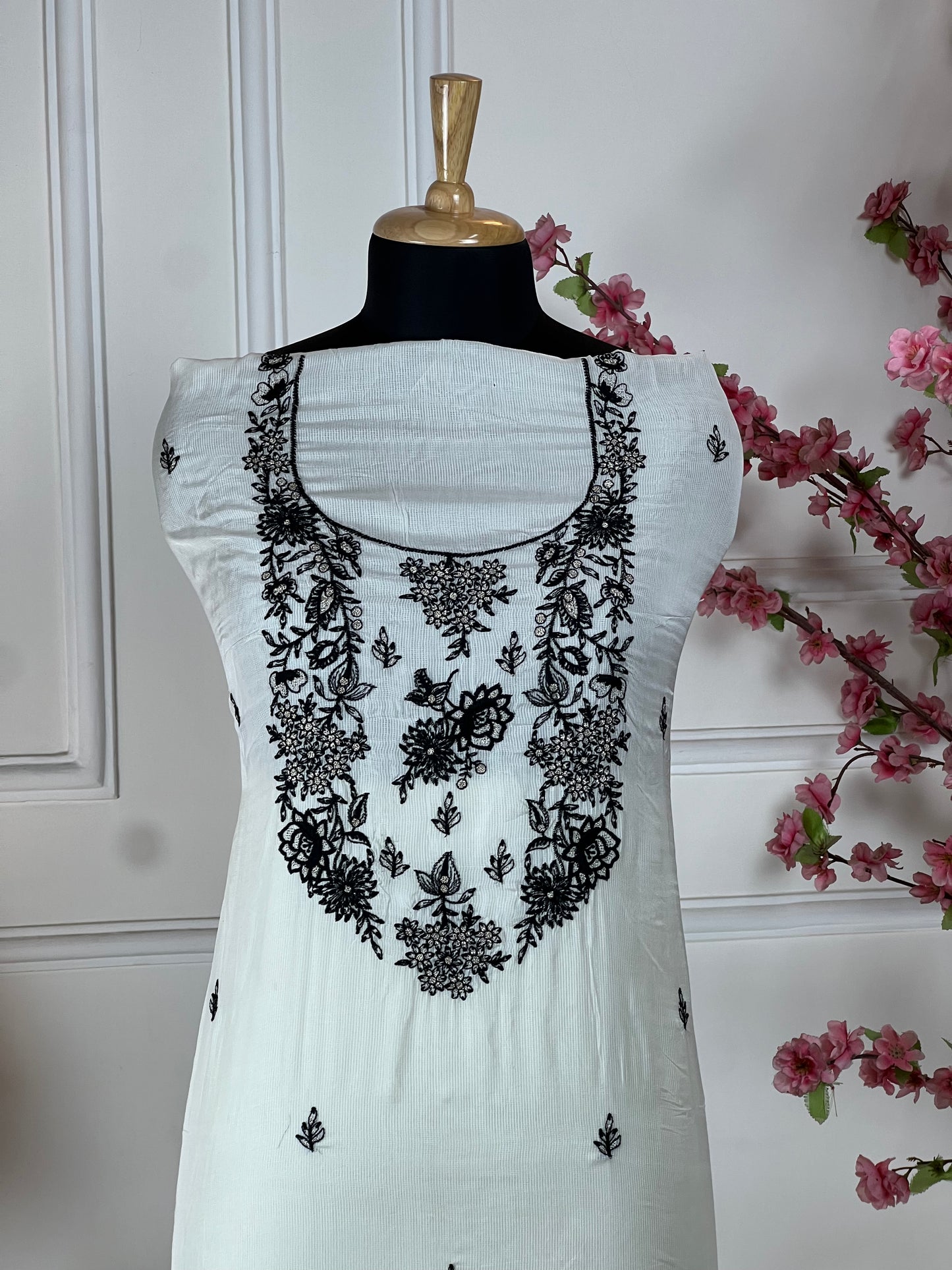 Top Muslin Kota cheque thread work on neck and buti on front Bottom Pure muslin Dupatta Muslin Kota cheque with thread work