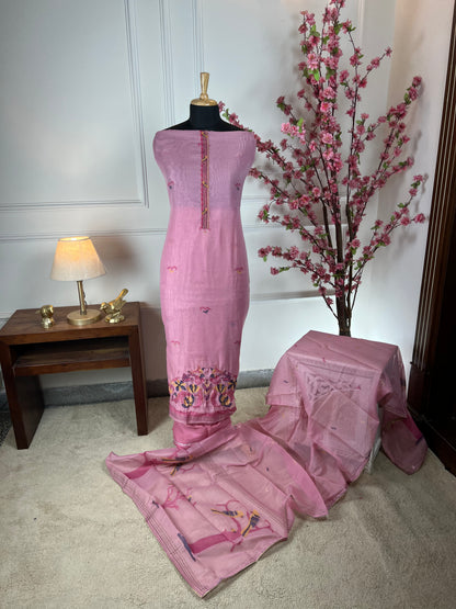 Top Pure Jamdani weaving print thread and sequin work on border Bottom Pure jam satin Dupatta Pure Jamdani weaving print and golden pipin