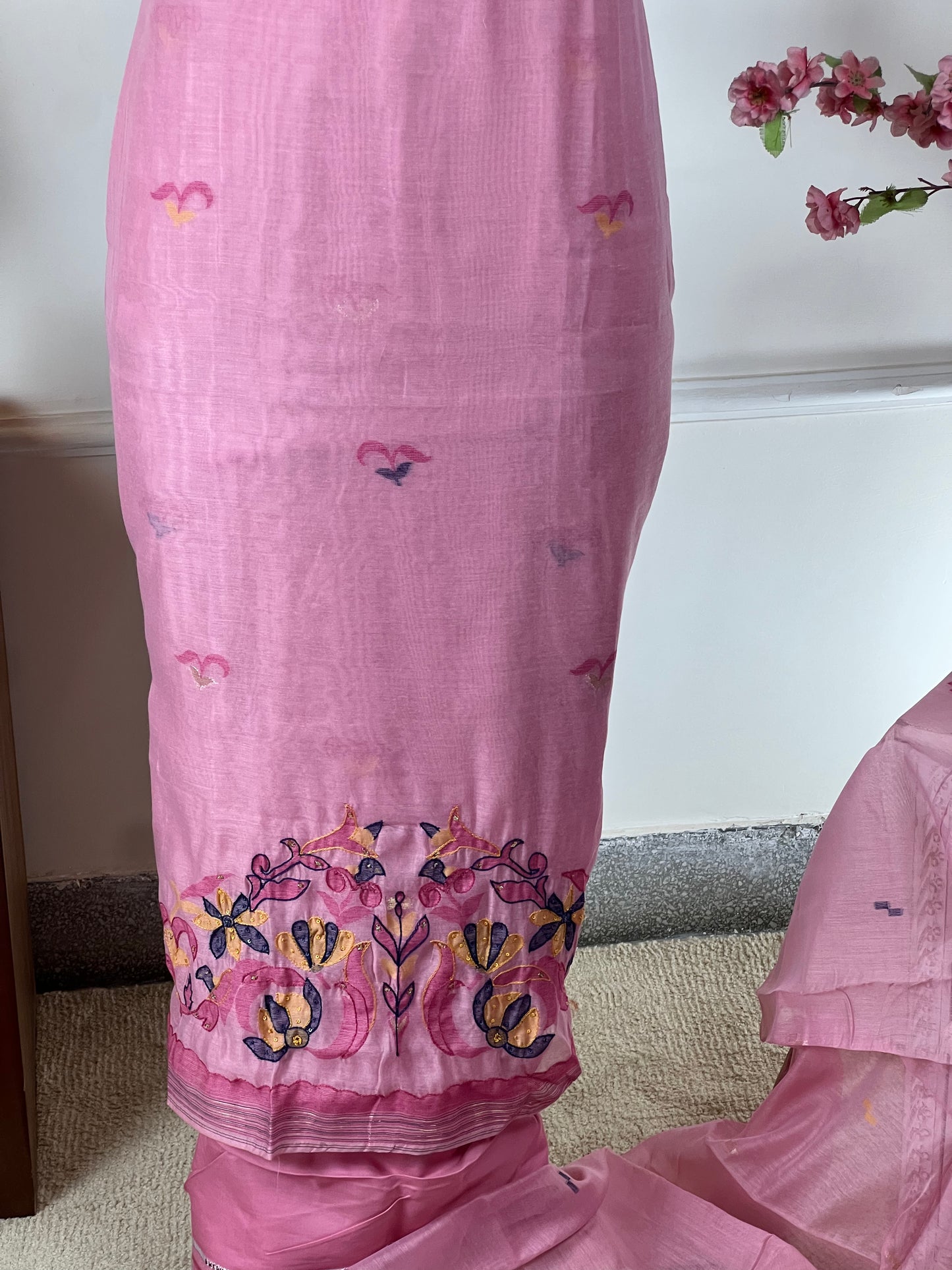 Top Pure Jamdani weaving print thread and sequin work on border Bottom Pure jam satin Dupatta Pure Jamdani weaving print and golden pipin