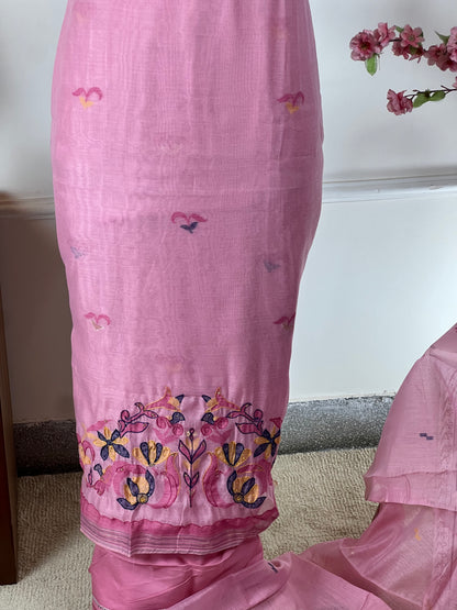 Top Pure Jamdani weaving print thread and sequin work on border Bottom Pure jam satin Dupatta Pure Jamdani weaving print and golden pipin