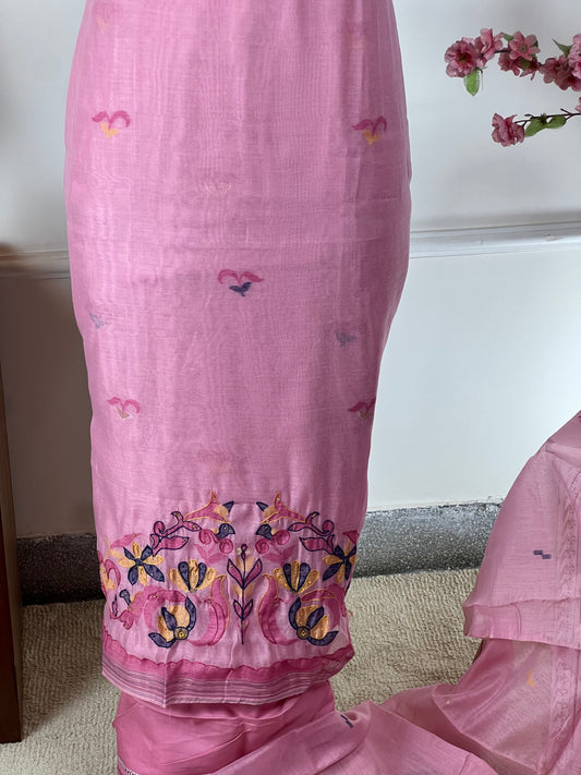 Top Pure Jamdani weaving print thread and sequin work on border Bottom Pure jam satin Dupatta Pure Jamdani weaving print and golden pipin